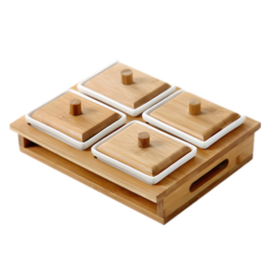 Wooden & Porcelain Serving Platter - 4 Pieces